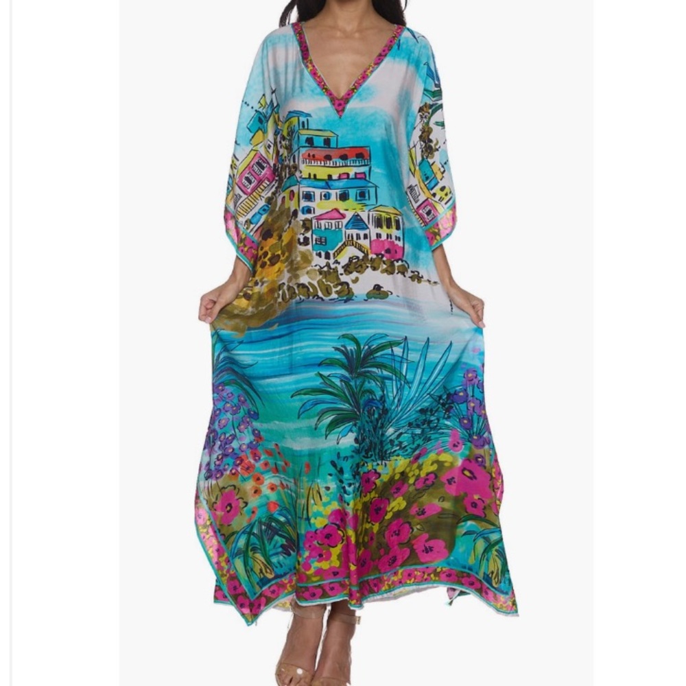 Ranees Vibrant Mediterranean V Neck Cotton Caftan Cruise Beachwear